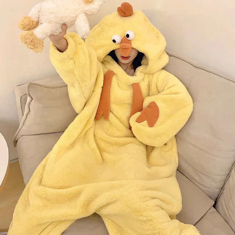 【50% OFF】Funny Cartoon Chick Plush Hooded Jumpsuit Pajamas - Modakawa Modakawa