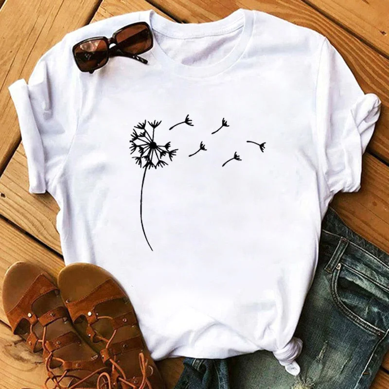 Harajuku T shirt Women Summer Wildflower Dandelion Print tshirt Casual Female T shirt Gift For Lady Short Sleeve Tee Woman Tops