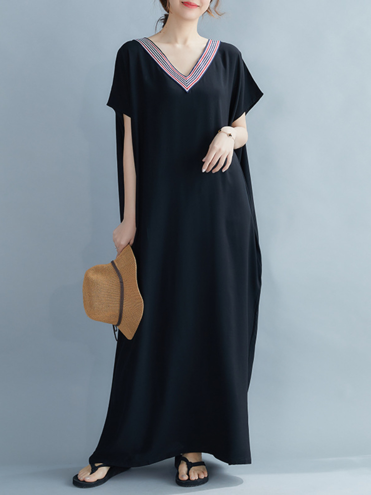 Women's Elegant Loose V Neck Solid Color Beach Dress