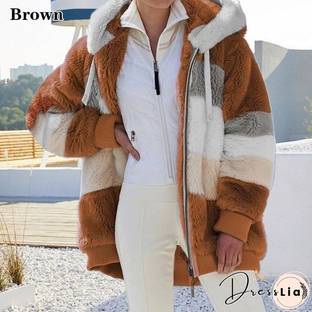 New Winter Womens Jacket Hooded Warm Plush Loose for Women Patchwork Outerwear Faux Fur
