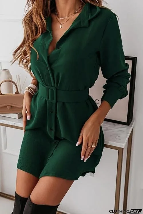 Button Long Sleeve Shirt Mini Dress With Belt