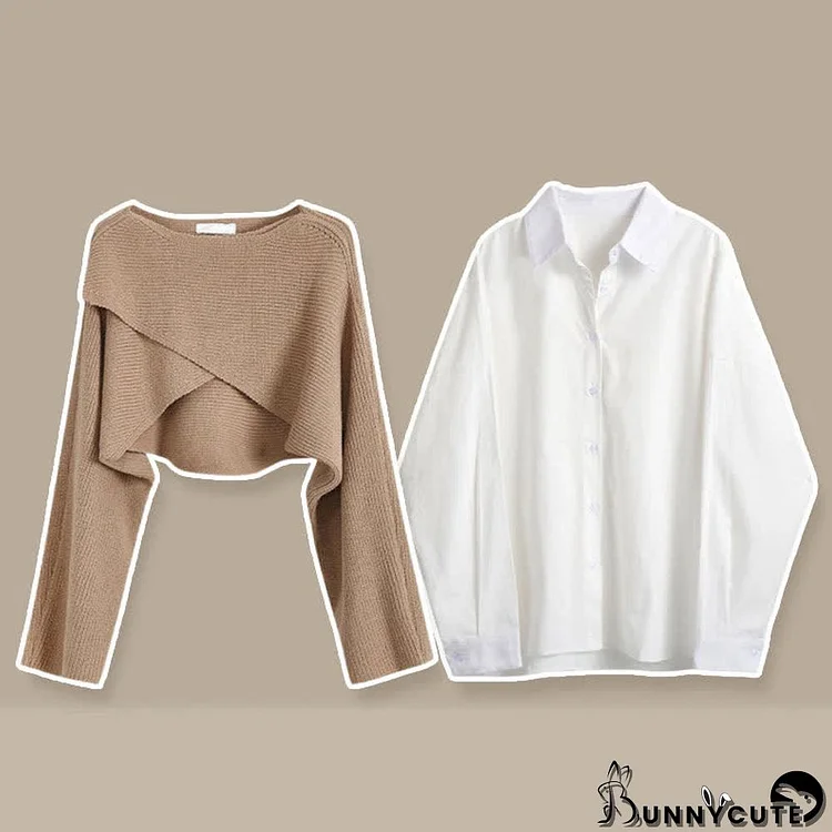 Cross Knit Sweater Lapel Shirt High Waist Pants Three Pieces