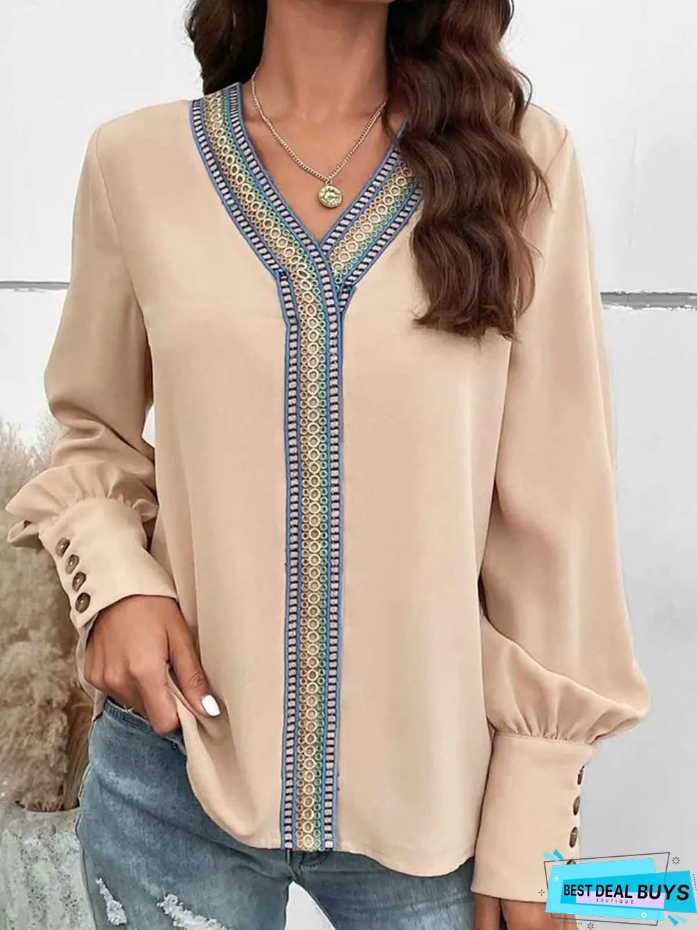 V Neck Casual Buckle Loose Top
