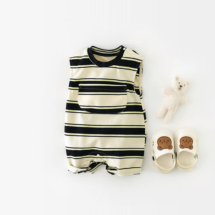 Baby Striped Sleeveless Romper with Bear Doll