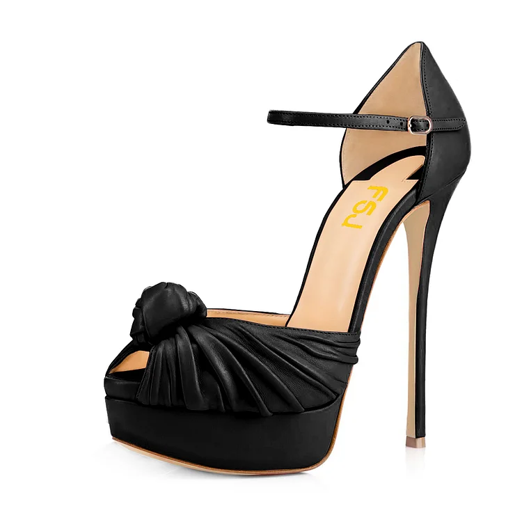 Women's Black Tie Peep Toe Stiletto Heels Platform Sandals |FSJ Shoes