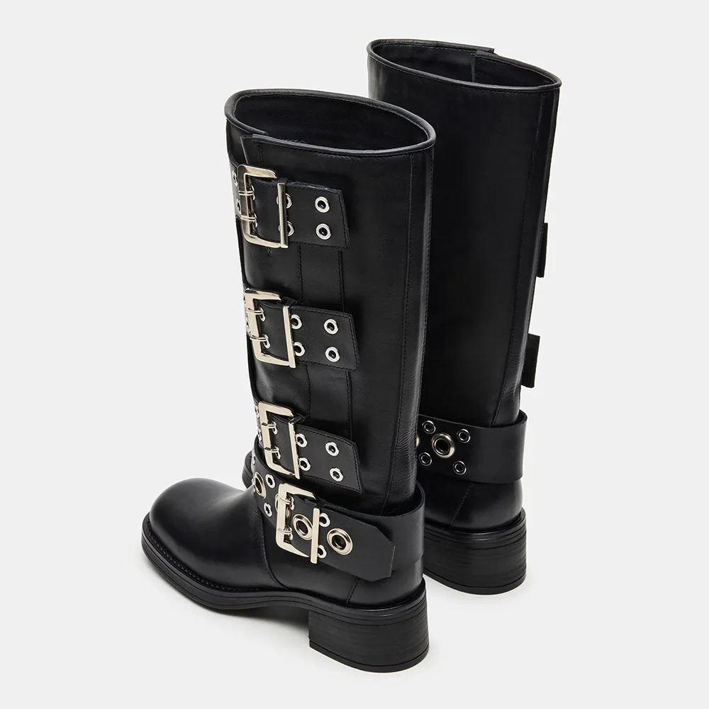 Black Square Toe Chunky Heel Buckle Grommet Knee High Boots for Women