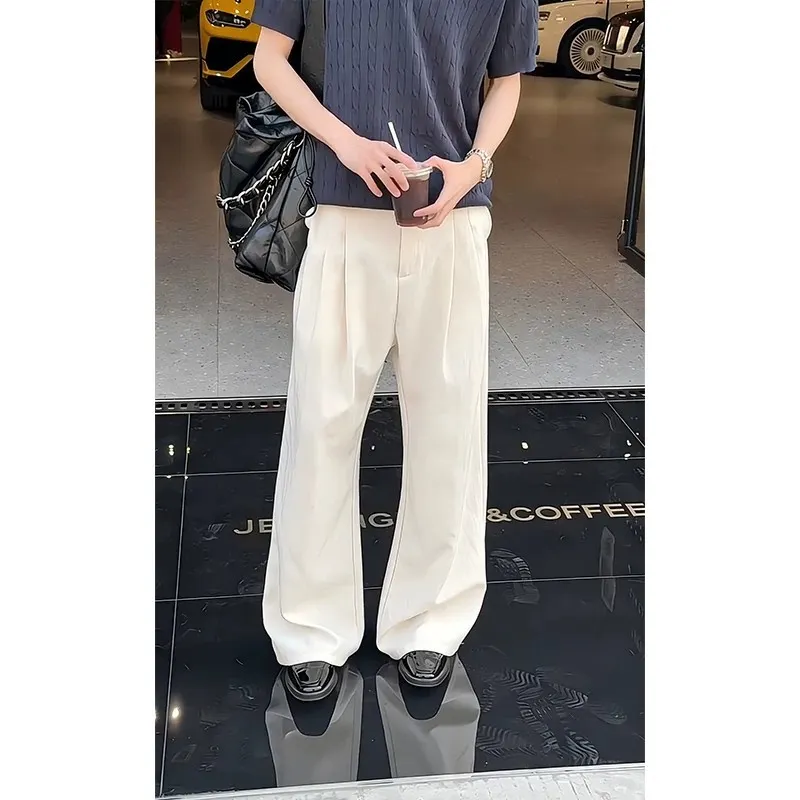 Men Double Pleat Linen Texture Floor Length Wide Leg Pants