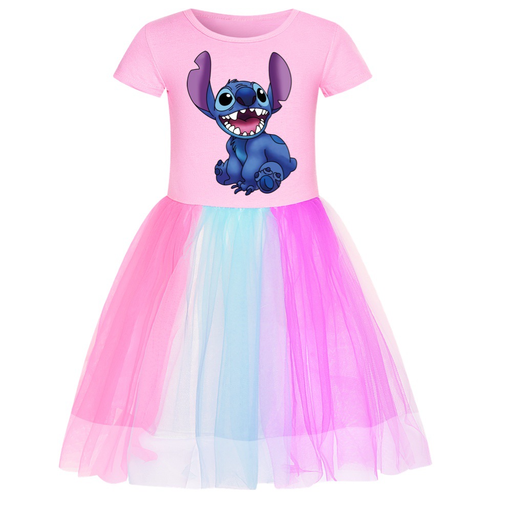 Stitch Theme Kids Dress for Girls with Starry Rainbow Lace HemAdorable and Colorful Outfit for Little Ones -Mayoulove