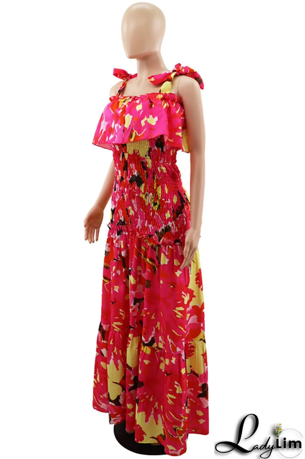 Red Fashion Sexy Print Bandage Backless Spaghetti Strap Long Dress