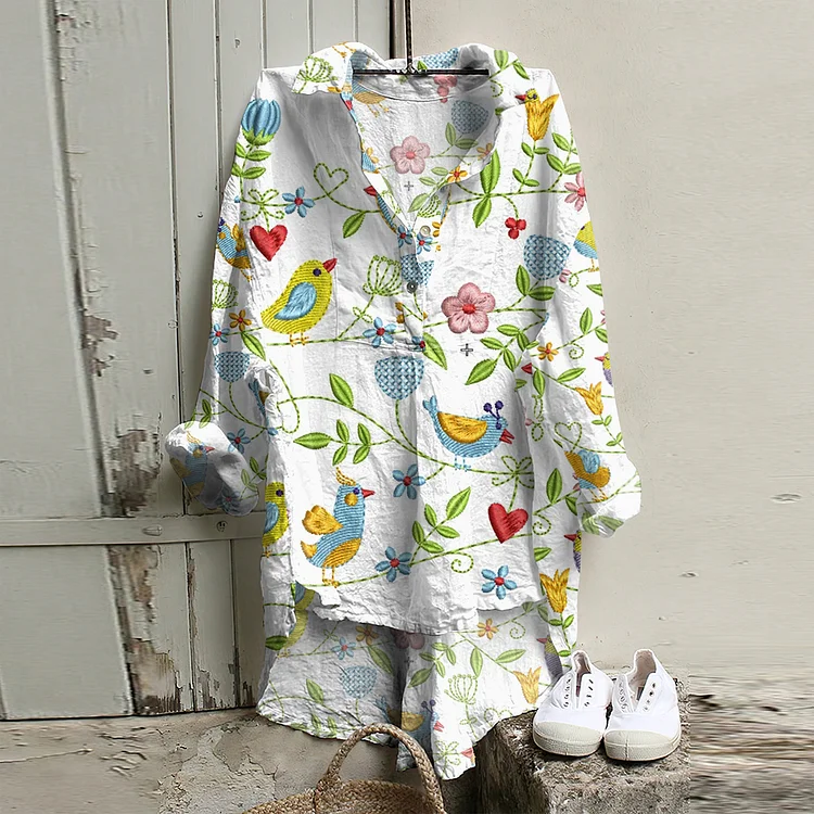 VChics Casual Floral Spring Birds Embroidery Pattern Linen Short Front And Long Back Blouse