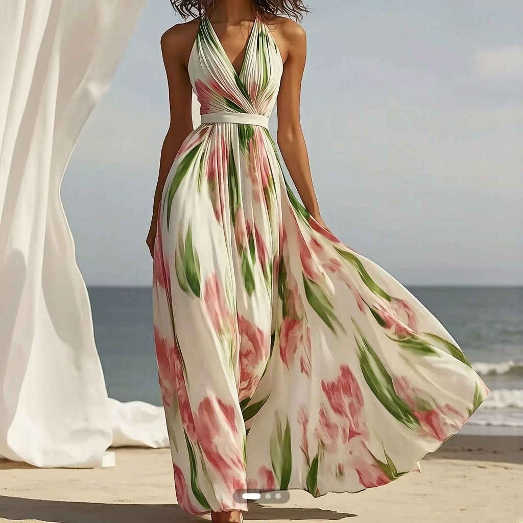 Resort Style V-neck Printed Suspender Maxi Dress elevenforest