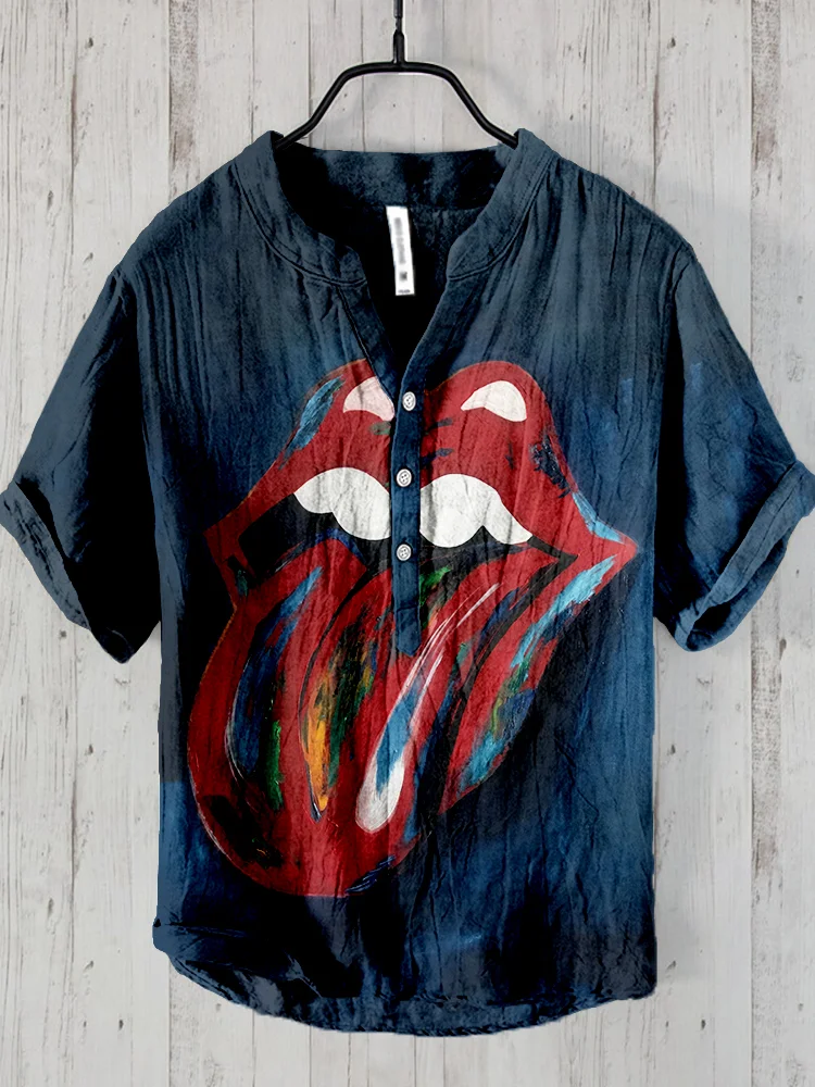 Rolling Stones Crazy Red Lips Oil Painting Art Linen Blend Shirt