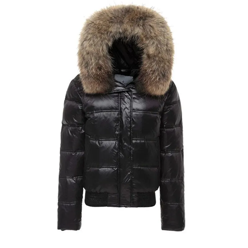 Ailegog 2020 Winter Women Real Raccoon Fur Collar White Duck Down Hooded Jacket Short Coats Female Slim Casual Down Outerwear