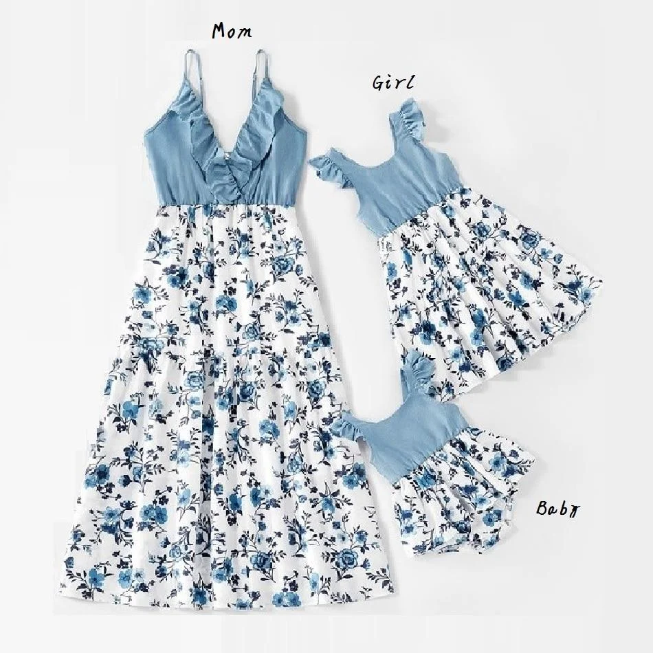 Irregular Mother Daughter Macthing Dresses Family Set Flower Mom Mum Baby Mommy and Me Clothes Fashion Women Girls Cotton Dress