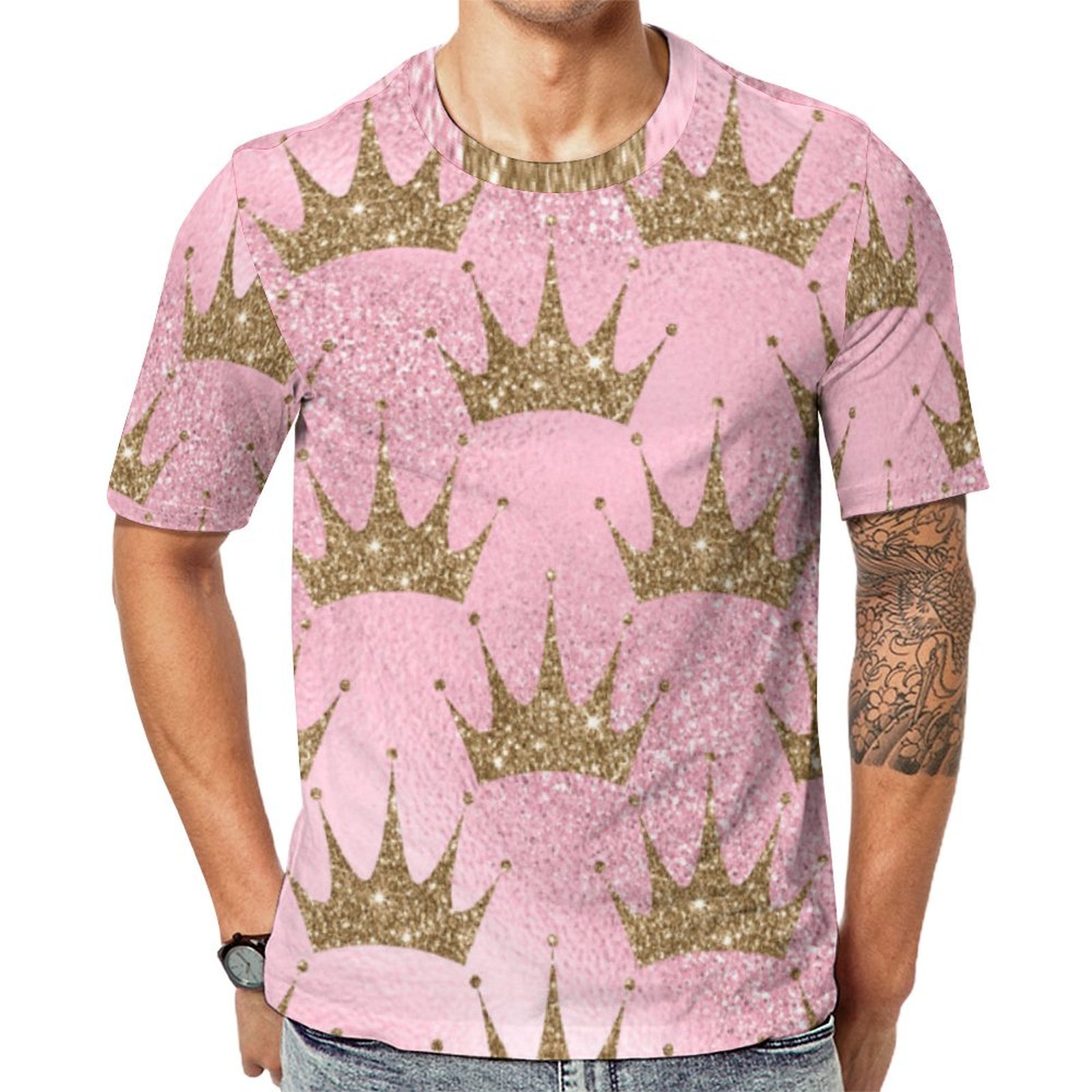 Golden Crown On Pink Glitter Short Sleeve Print Unisex Tshirt Summer Casual Tees for Men and Women Coolcoshirts