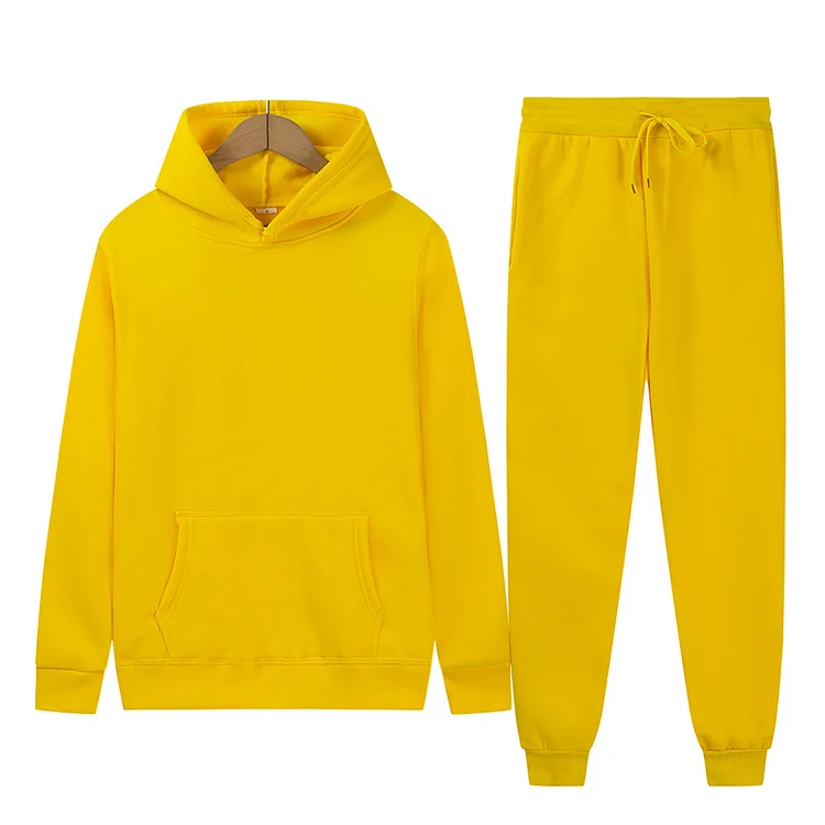 BrosWear Casual Unisex Solid Color Hoodie Pocket Drawstring Pants Tracksuit Set yellow