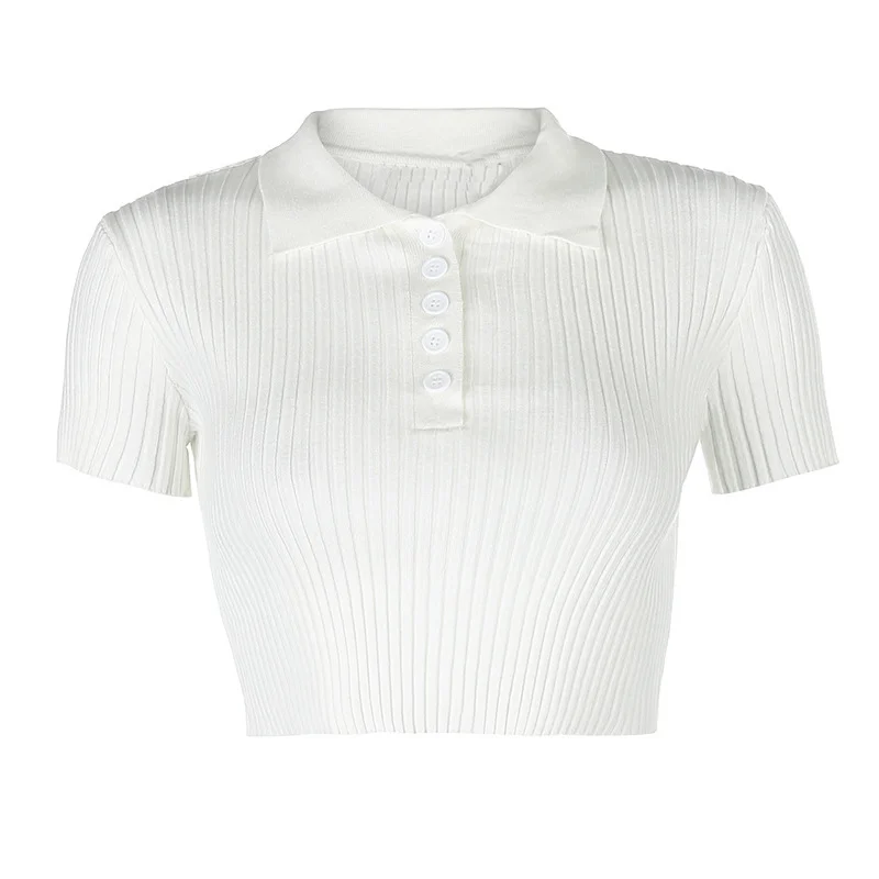 Brownm Brownm Collar Top Women's Short Sleeve Knit Shirt Short Summer White Lapel Striped Niche Slim T-Shirt