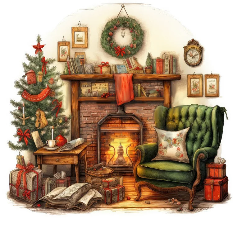 Christmas Fireplace 30*30CM (Canvas) Full Round Drill Diamond Painting gbfke