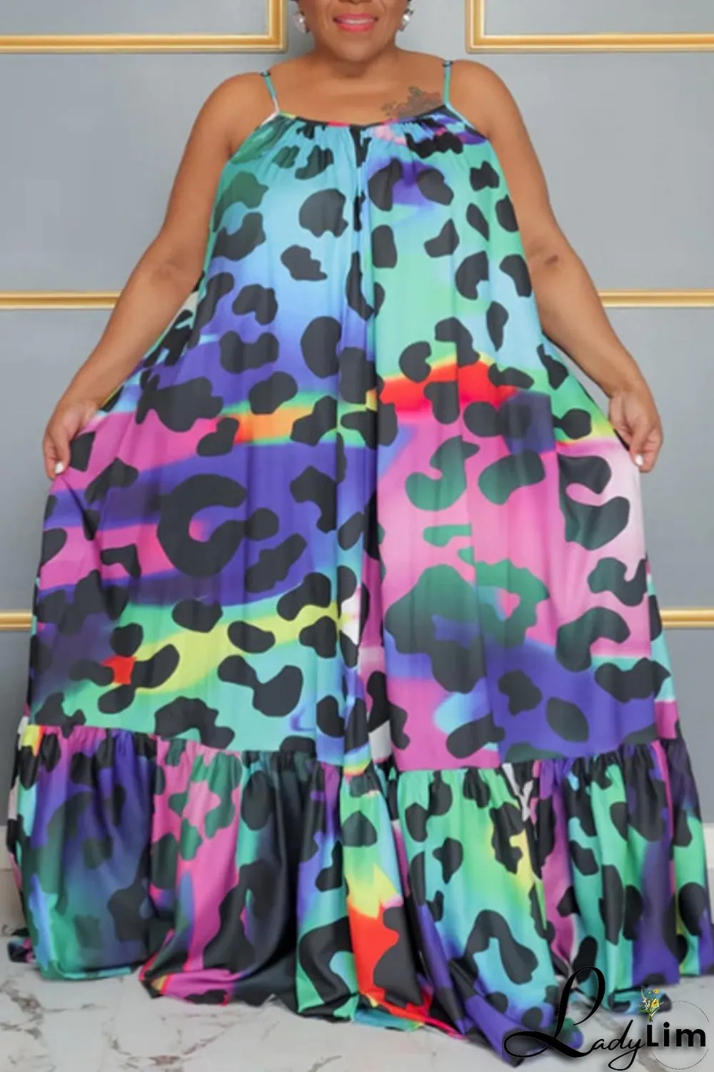Pink Casual Print Backless Spaghetti Strap Long Dress Plus Size Dresses