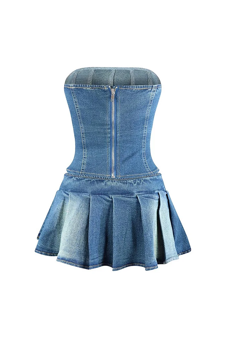 Lace Up Slim-Fit Tube Top Pleated Mini Skirt Denim Matching Set