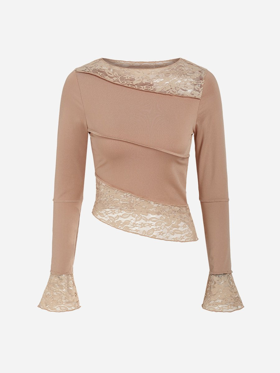Round Neck Lace Splicing Long Sleeve T-Shirts