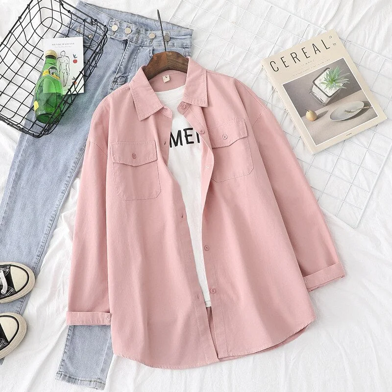 Loose Womens Shirts Autumn Blouses Casual Long Sleeve 100% Cotton Office Tops Blusas Female Clothes Double Pockets Solid Outwear