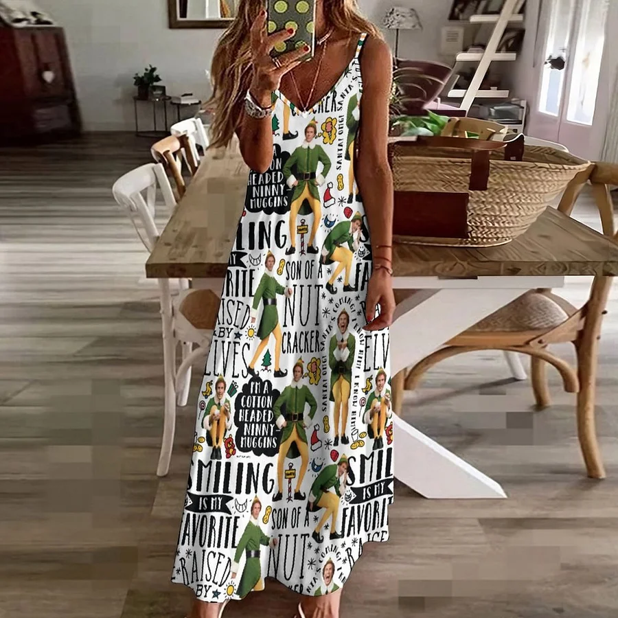 Buddy The Elf Quote Women's Casual Strappy V Neck Sleeveless Flowy Loose Long Maxi Beach Dress Sundress Geometric-XL