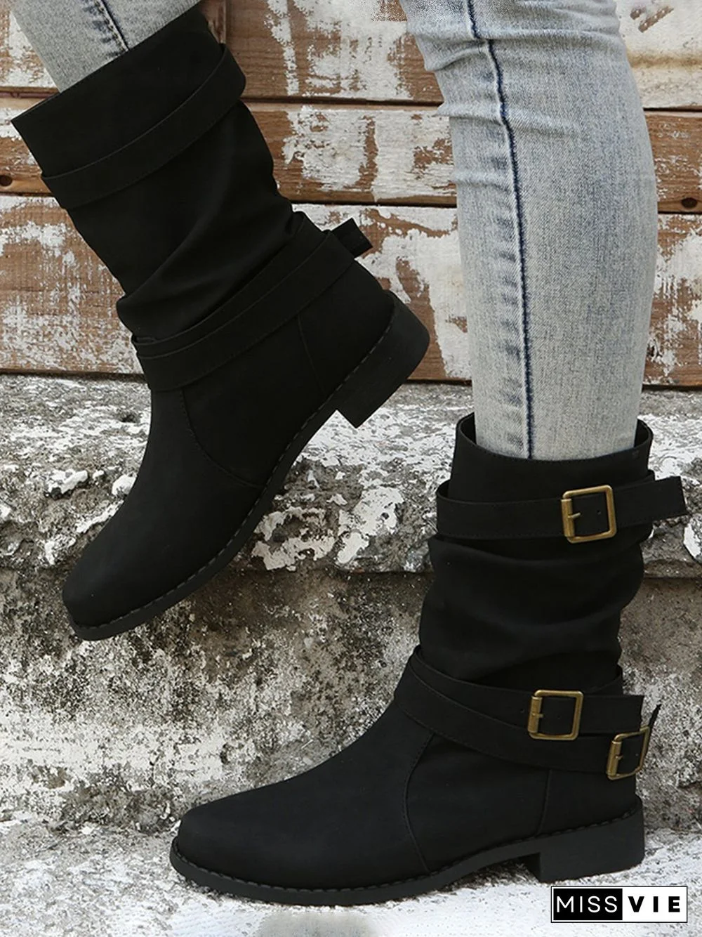 Ruched Buckle Casual Leather Booties