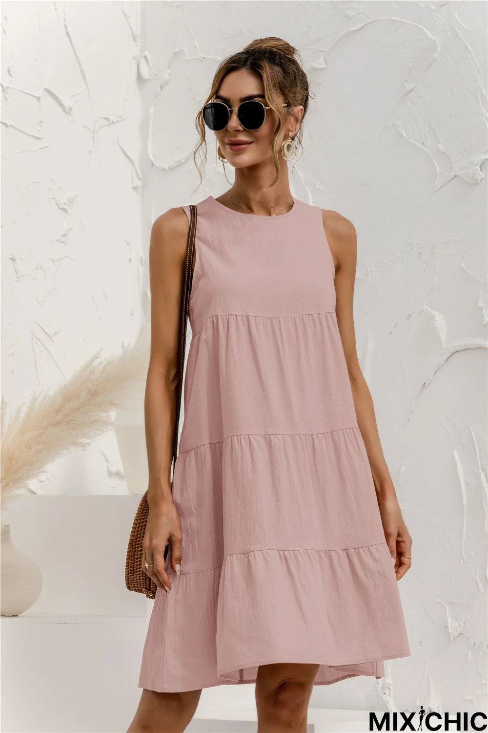 Pink A-Line Cotton-Blend Sleeveless Weaving Dress