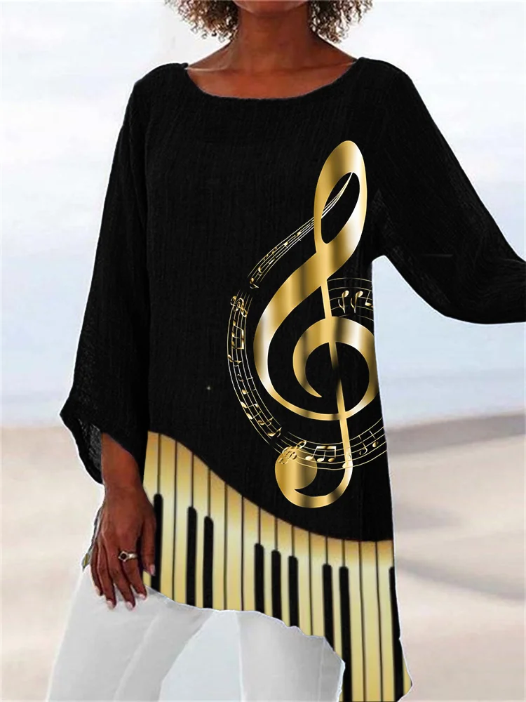 Golden Treble Clef Piano Keys Contrast Flowy Tunic