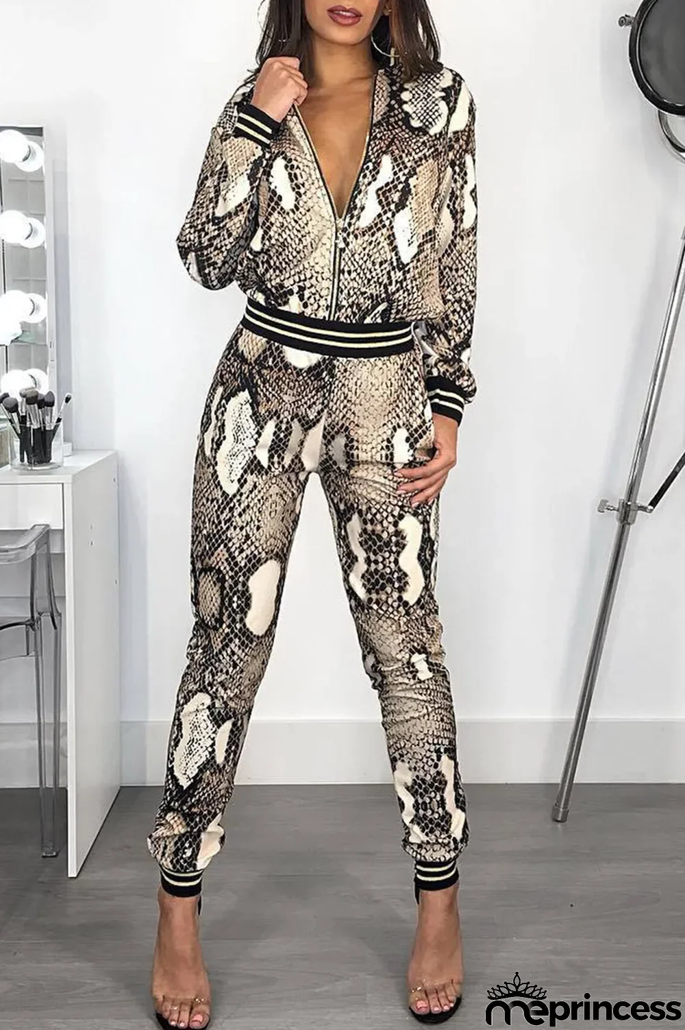 Snake Print Casual Animal Print Split Joint Zipper Collar Long Sleeve Two Pieces