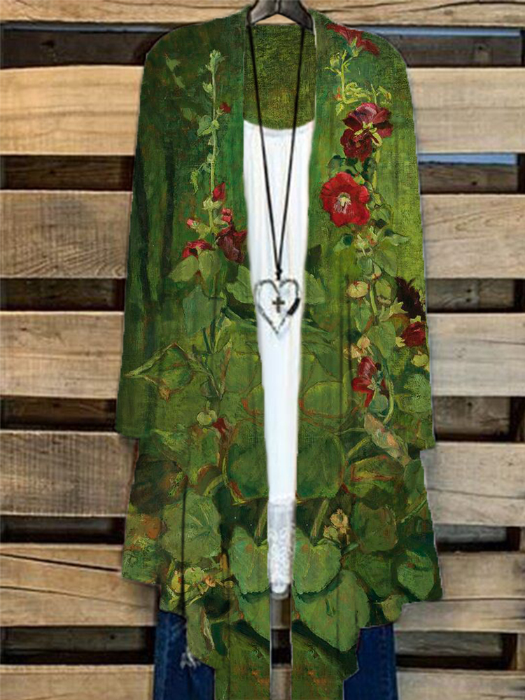 Hollyhocks Painting Art Long Sleeve Flowy Cardigan  artssus