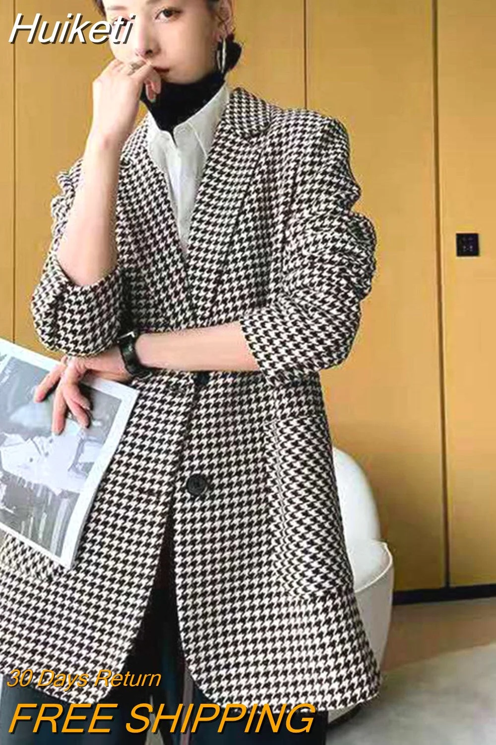 Huiketi Women Houndstooth Woolen Blazers Korean Office Ladies Long Jackets Fashion Belt High Waist Female Plaid Outwear Coat