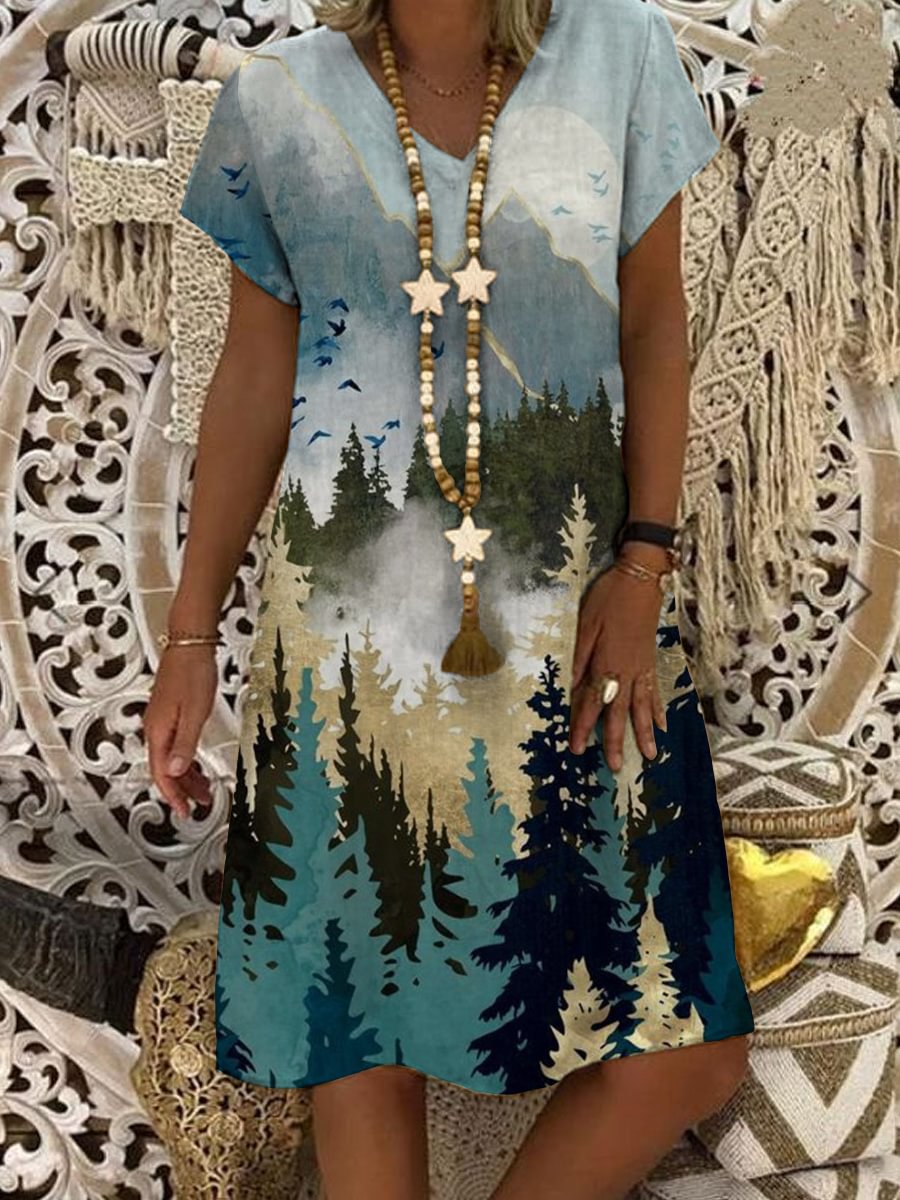 V-neck Casual Loose Landscape Print Short-sleeved Short Dress