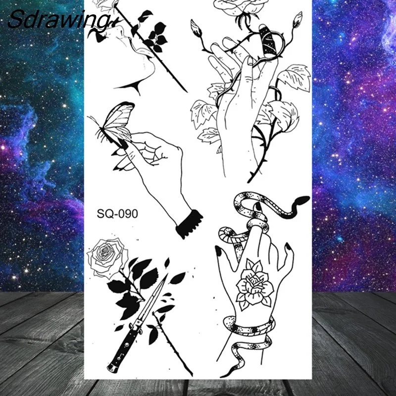 Sdrawing Stars Moon Sun Temporary Tattoos For Women Kids Girl Butterfly Feather Letters Fake Tattoo Neck Arm Hands Small Tatoos