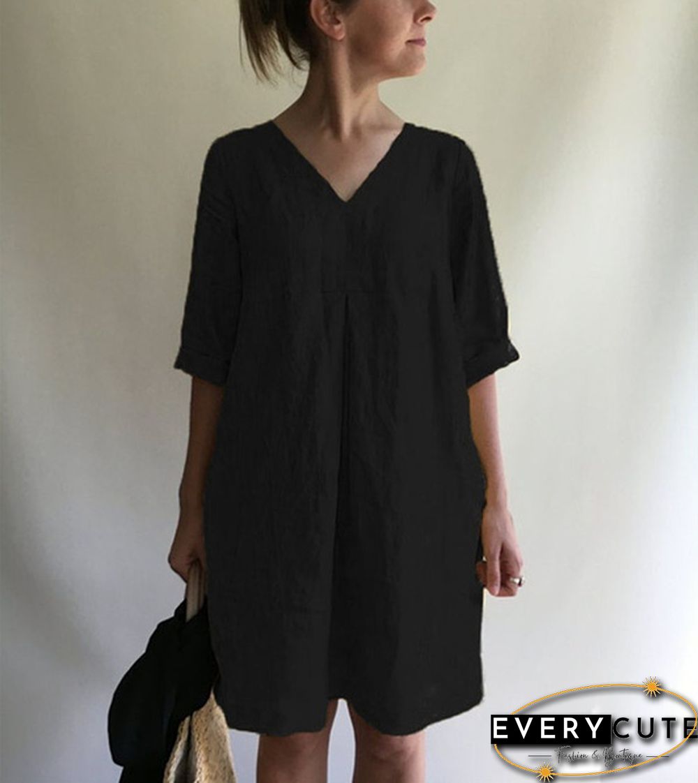 Women's Fashion Loose Tunic Dress Casual V-neck Solid Color Dress Boho Dress
