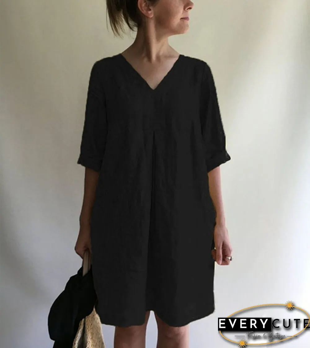 Women's Fashion Loose Tunic Dress Casual V-neck Solid Color Dress Boho Dress