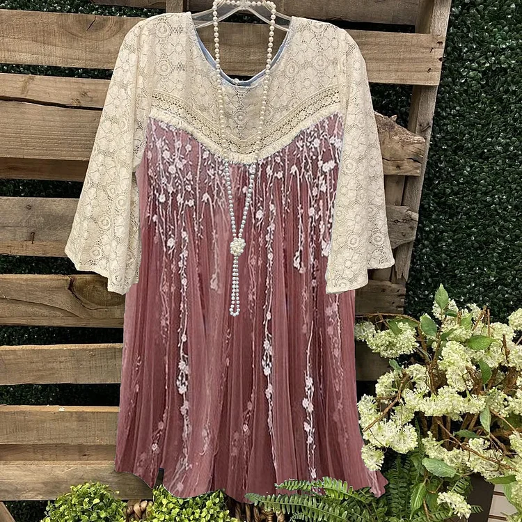 Women's Pink Lace Stitching Casual Round Neck Sweater-Mayoulove
