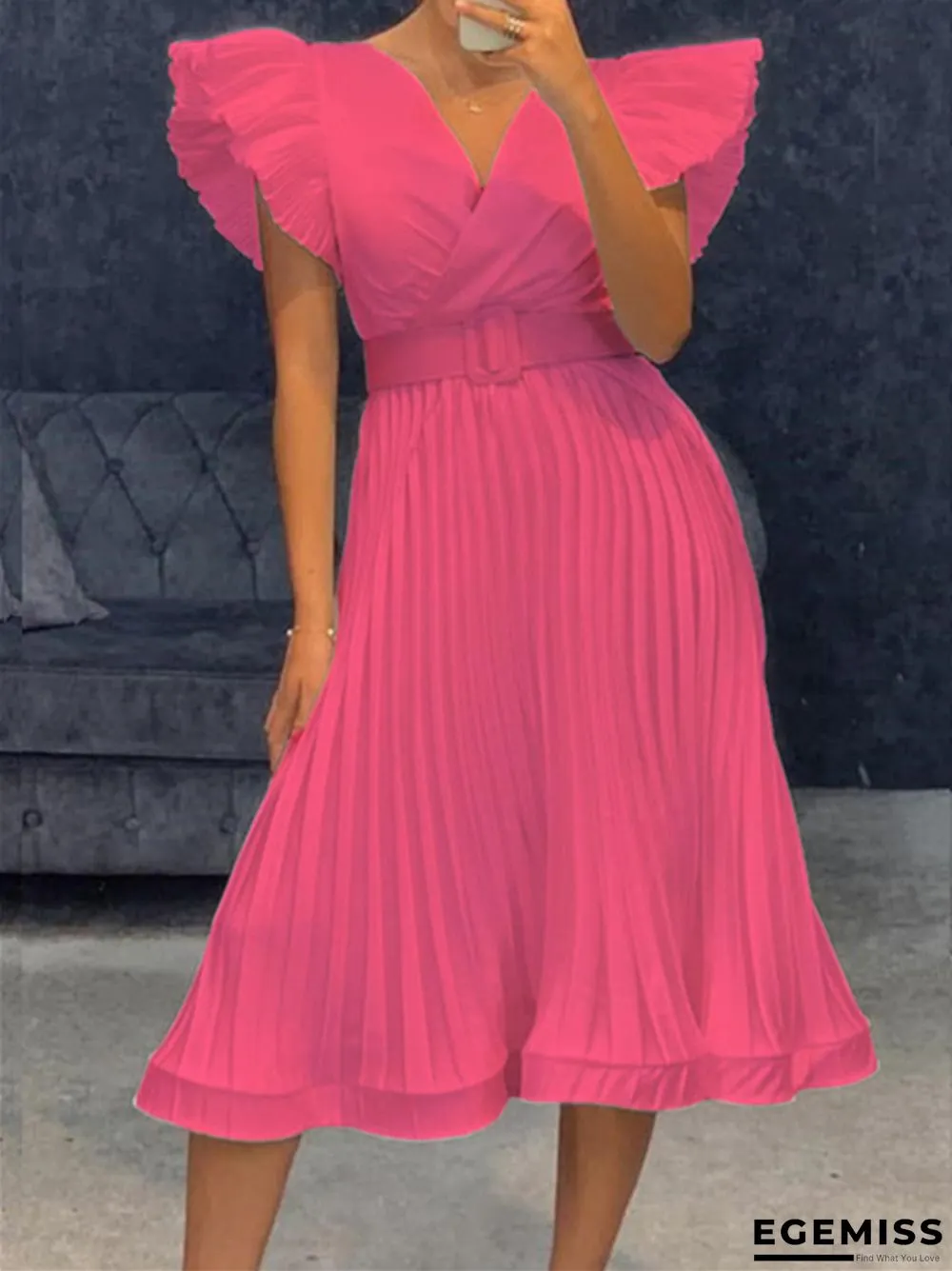 Women's Sexy V-neck Fly-sleeve Pleated Dress White Dresses | EGEMISS