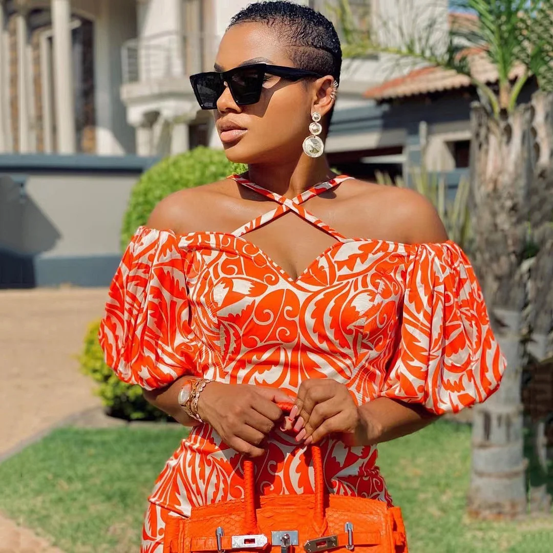 Uveng Uveng New Spring-Summer Women's Dress Print Open Fork Bra Hanging Neck V-Neck Dress