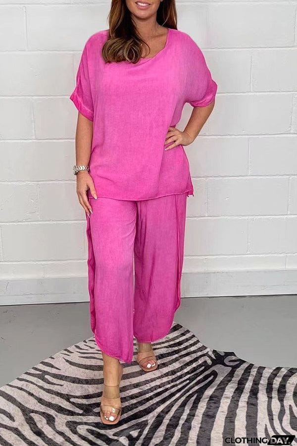 Greyson Flowy Loose Blouse and Elastic Waist Slit Pants Set