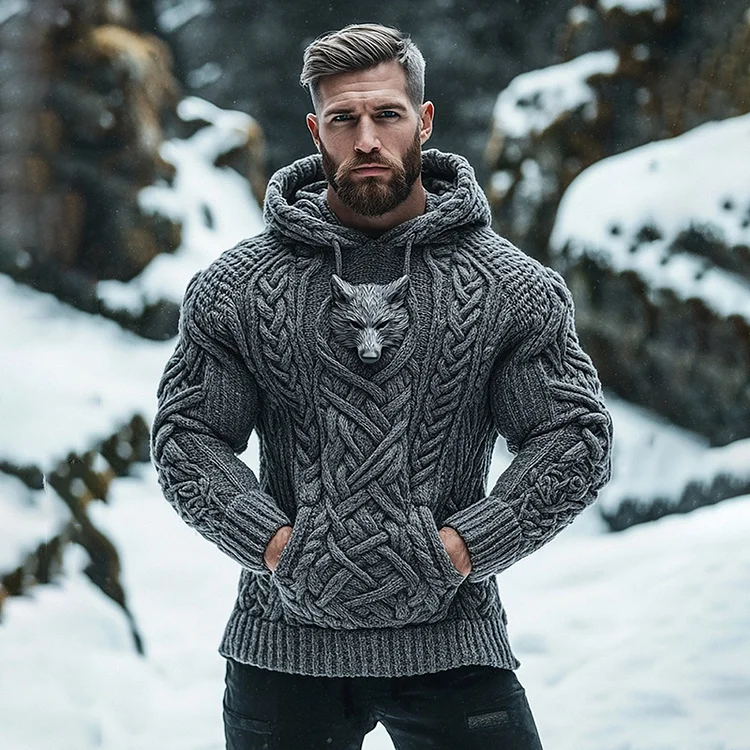 Men's Viking Tribal Wolf Inspired Chunky Knit Pocket Hooded Sweater