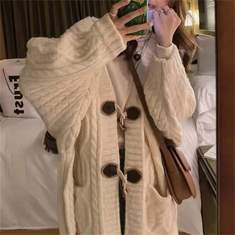 Toloer Toloer Horn Buckle 2024 Lazy Wind Loose Show Thin Knit Cardigan Korean Soft Waxy Thick Twist Sweater Coat Female-Outfit Ideas