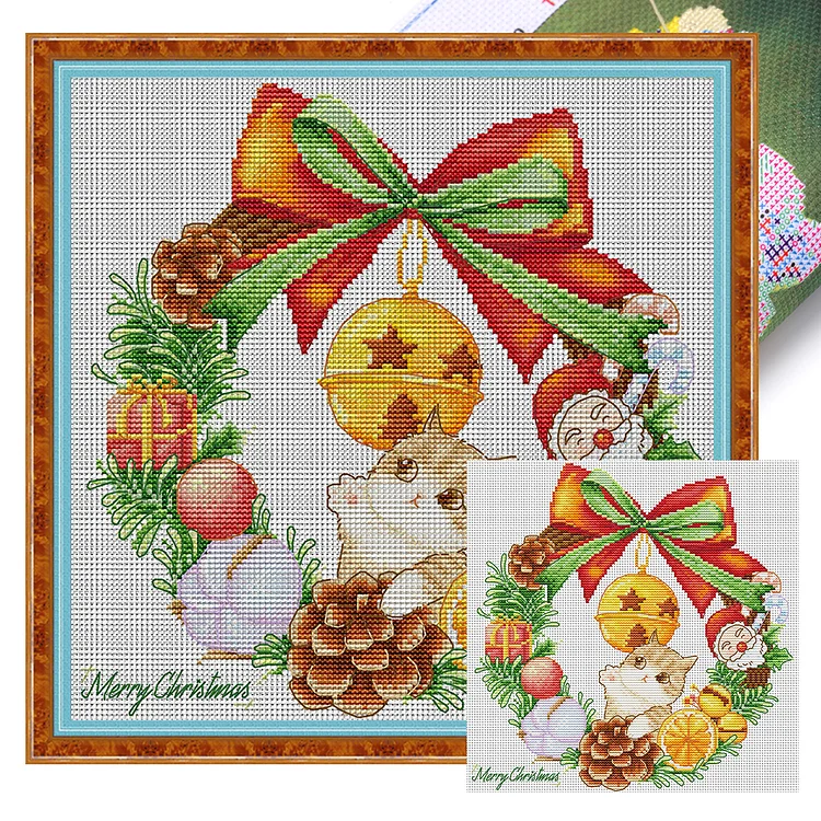 Spring-Christmas Kitten (37*37cm) 16CT Stamped Cross Stitch gbfke