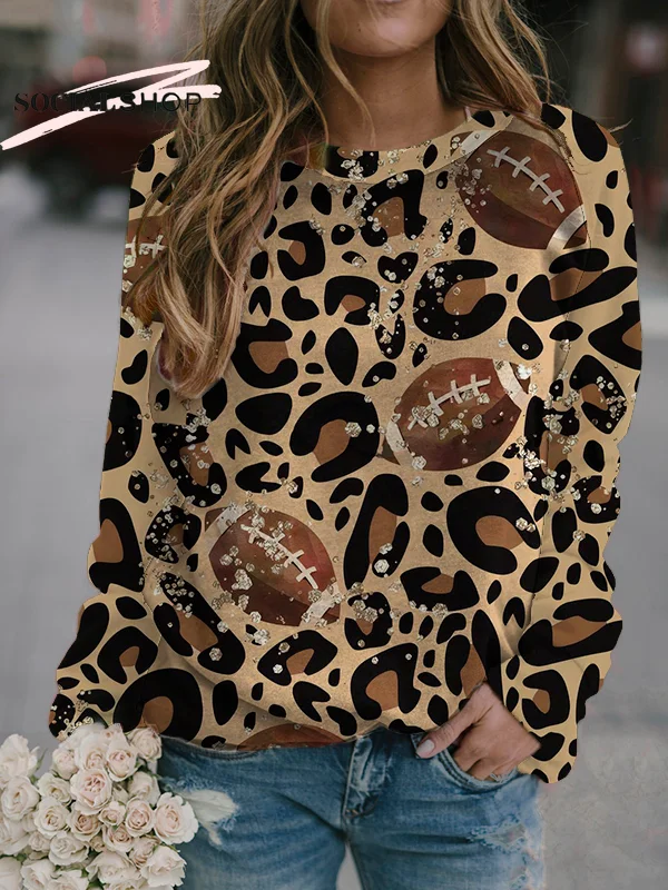 Leopard Print Rugby-Inspired Long Sleeve Round Neck Stylish Top socialshop