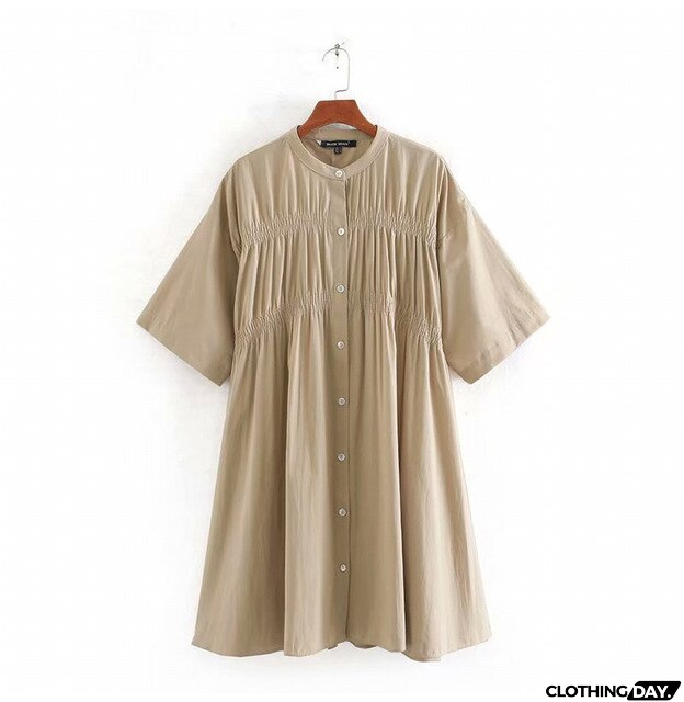 Cotton Dresses Summer Autumn Casual Button Solid Color Loose Ruched Fitted Dress Women Fashion  Clothes Support Dropshipping