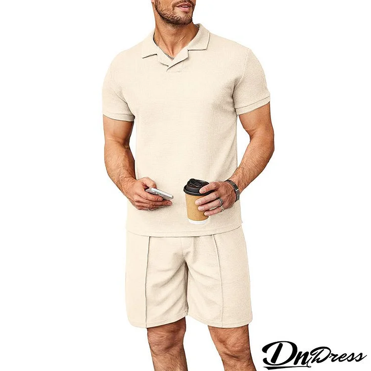 Men's Fashion Solid Color Waffle Lapel Short-Sleeved Polo Shirt And Shorts Two-Piece Set