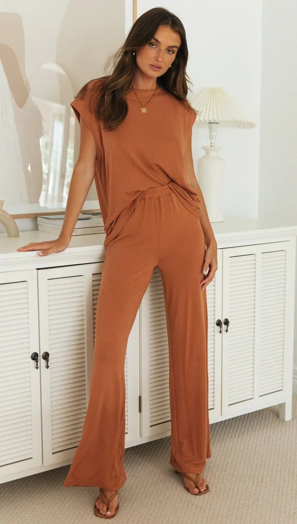 Brown Muscle Tee and Pants Matching Sets