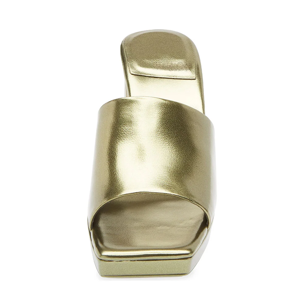 Metallic Open Square Toe Chunky Heel Platform Slide Sandals in Olive