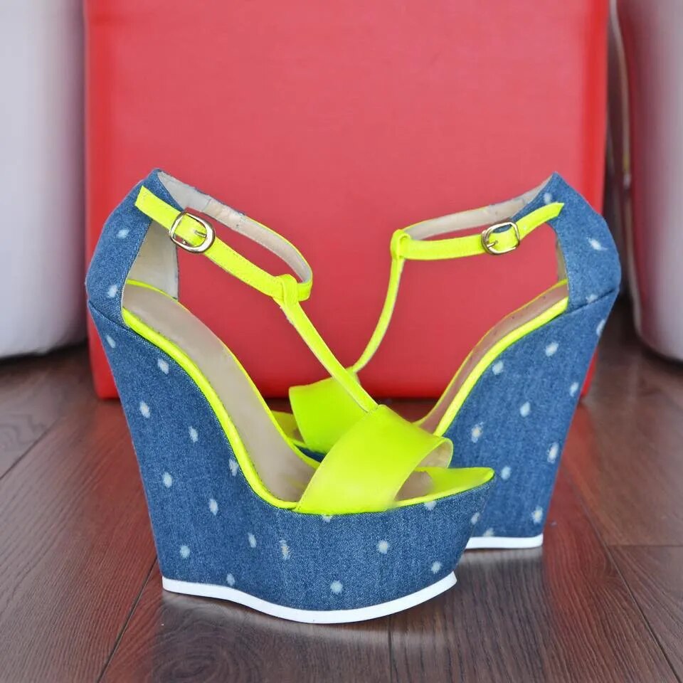 VCSHOES Fluorescence Yellow T-Strap Blue Polka Dot Denim Wedge Sandals Woman Peep Toe Platform Wedged High Heels Shoes Sandalias
